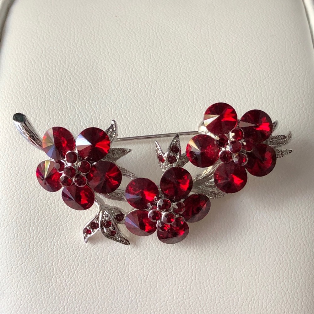 Red Multi Flower Brooch Pin Red Stones